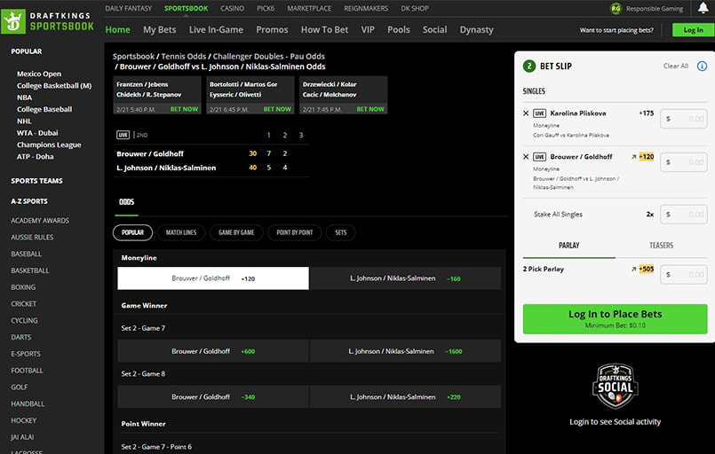 The DraftKings live interface.